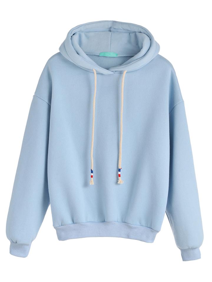 Romwe Pale Blue Drop Shoulder Drawstring Hooded Sweatshirt