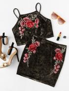 Romwe Embroidery Applique Crushed Velvet Crop Cami & Skirt Set