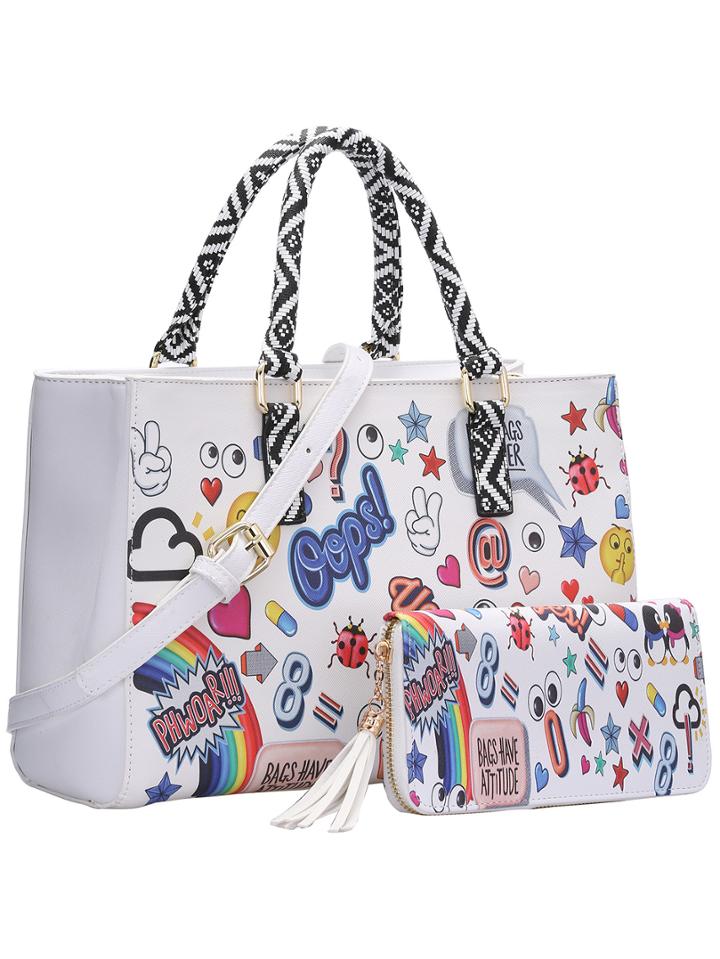 Romwe White Funny Print Two Piece Tote Bag