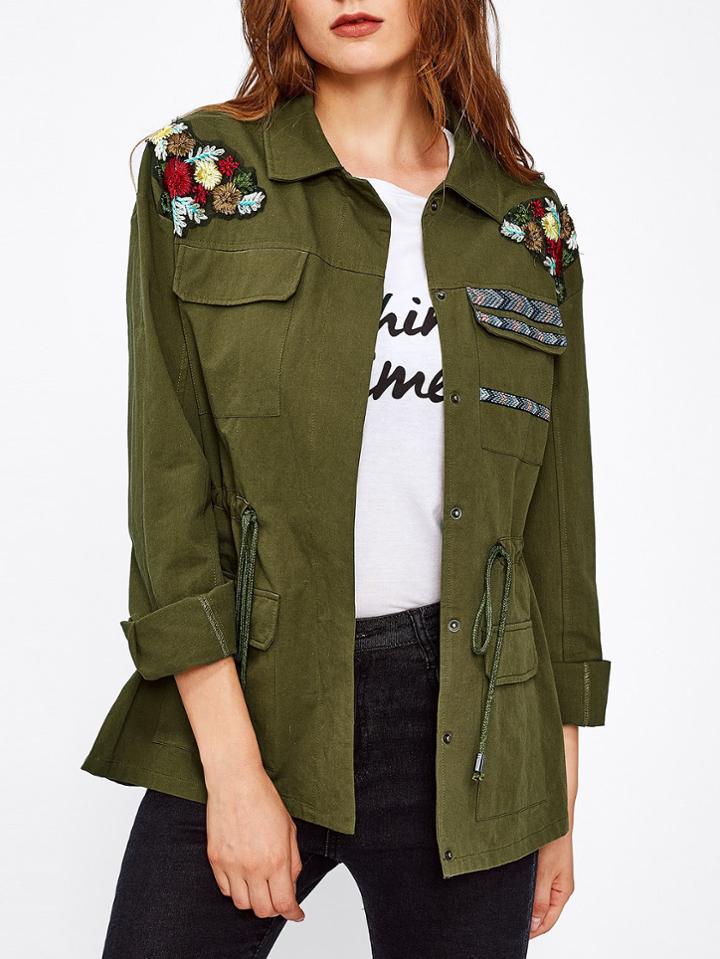 Romwe Flower Embroidered Drawstring Waist Utility Jacket