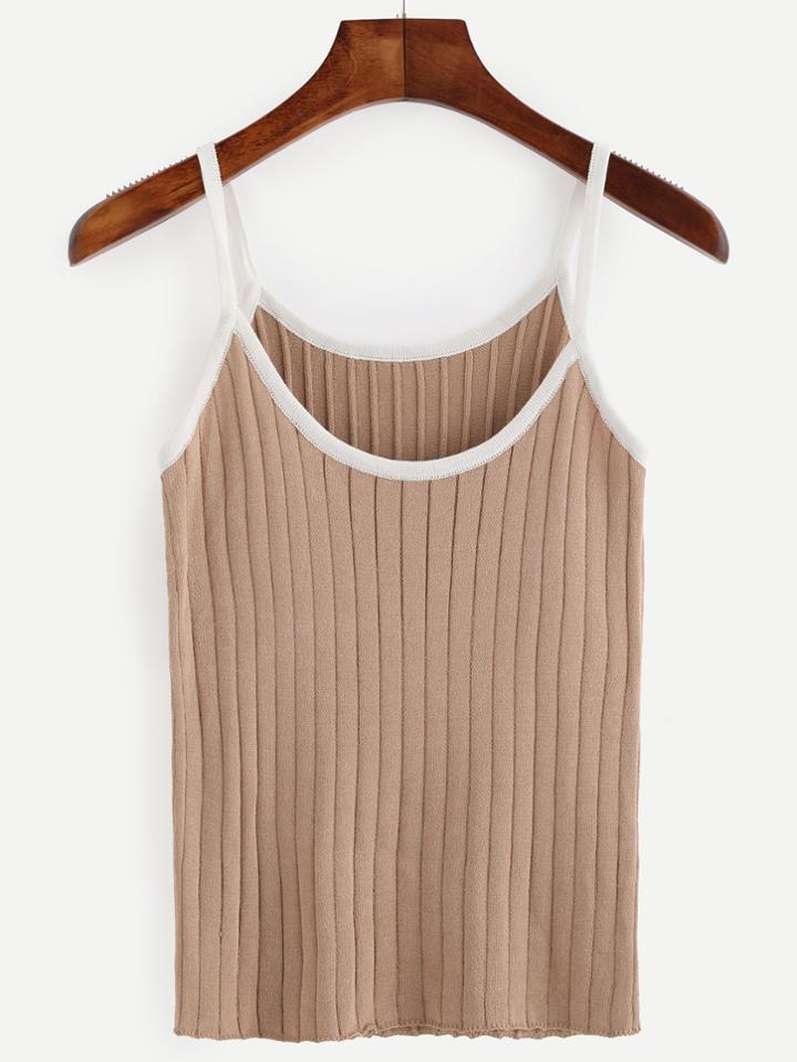 Romwe Khaki Contrast Trim Knitted Cami Top