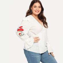 Romwe Plus Floral Embroidered Surplice Wrap Blouse