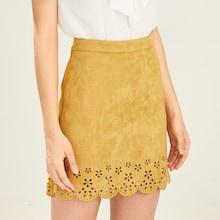 Romwe Scalloped Laser Cut Hem Suede Skirt
