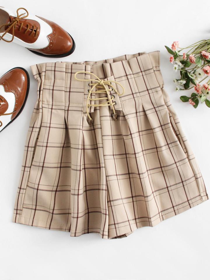 Romwe Eyelet Lace Up Pleated Shorts