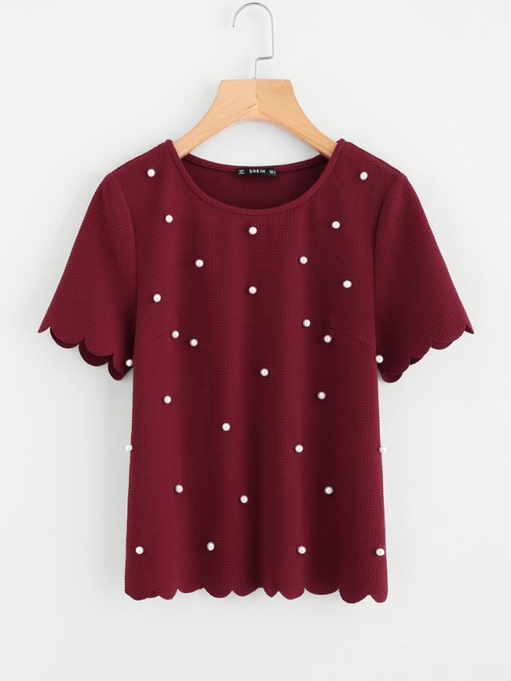 Romwe Scallop Trim Pearl Embellished Textured Top