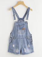 Romwe Distressed Bleach Wash Denim Overall Shorts