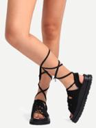 Romwe Black Peep Toe Lace-up Thick-soled Sandals