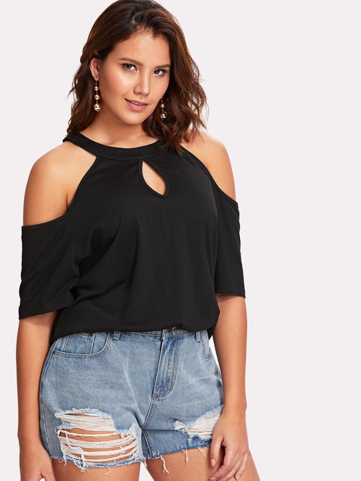 Romwe Cold Shoulder Keyhole Top