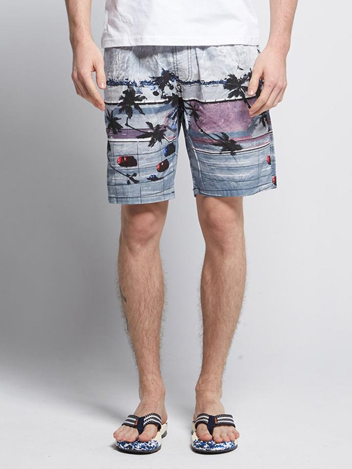 Romwe Men Beach Print Drawstring Shorts