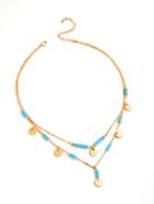 Romwe Sequin And Turquoise Detail Layered Necklace