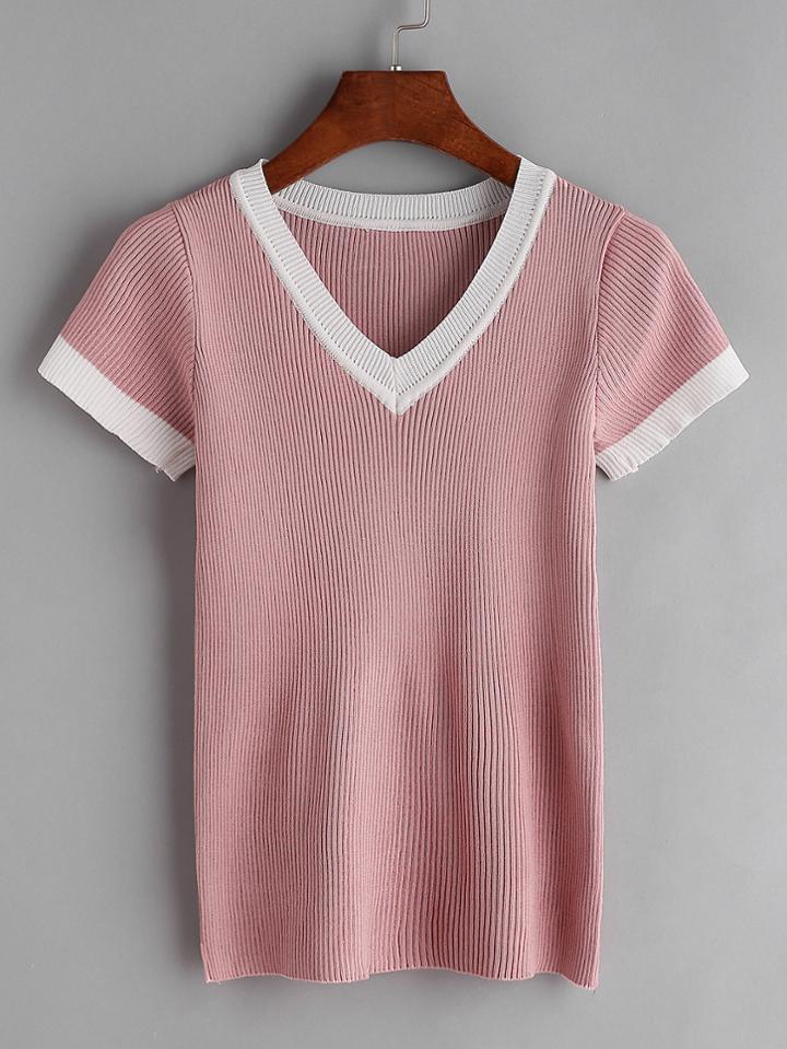 Romwe Pink Contrast Trim V Neck Knit T-shirt