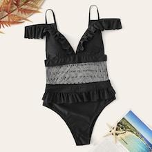 Romwe Dot Mesh Insert Ruffle One Piece Swimsuit