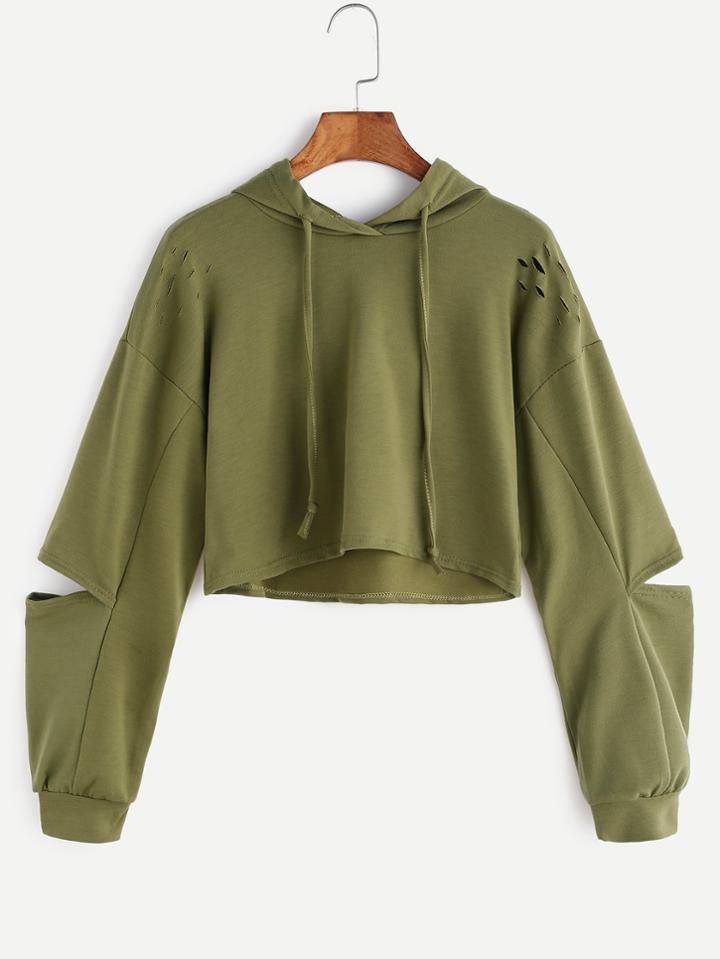 Romwe Army Green Hooded Ripped Crop Sweatshirt