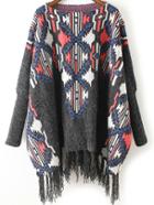 Romwe Bat Sleeve Tassel Jacquard Grey Poncho