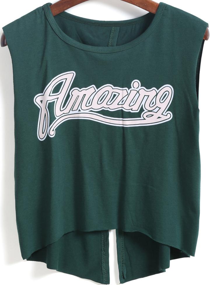 Romwe Letters Print Split Dip Hem Green T-shirt