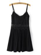 Romwe Black Spaghetti Strap Crochet Pleated Top