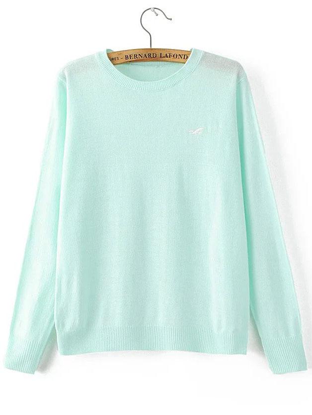 Romwe Blue Seagull Embroidered Ribbed Trim Knitwear