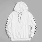 Romwe Men Gingham Print Sleeve Drawstring Hooded Sweatshirt