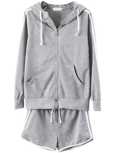 Romwe Hooded Zipper Contrast Edge Top With Drawstring Grey Shorts