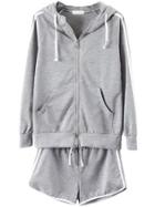 Romwe Hooded Zipper Contrast Edge Top With Drawstring Grey Shorts