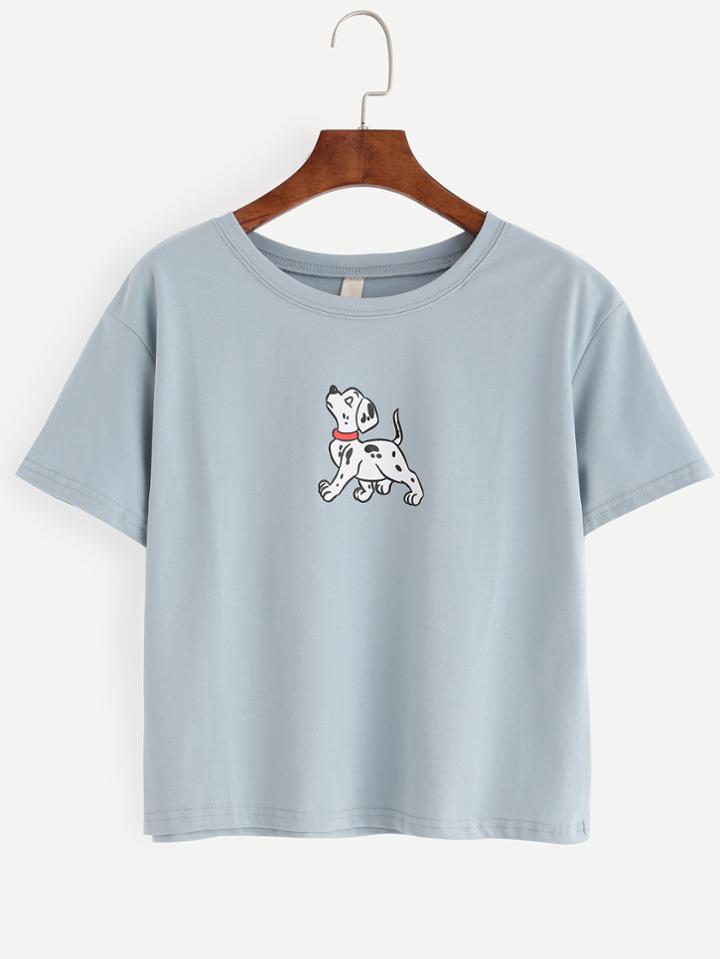 Romwe Blue Dog Print T-shirt