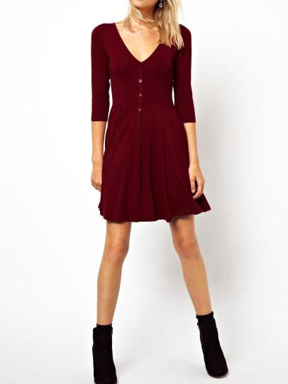 Romwe V Neck Buttons Skater Dress