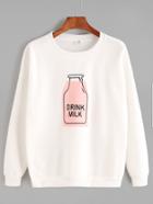 Romwe White Drop Shoulder Milk Bottle Print Patch Sweatshirt