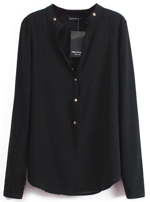 Romwe Black V Neck Long Sleeve Buttons Blouse