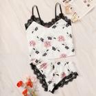 Romwe Floral Print Lace Trim Cami With Shorts