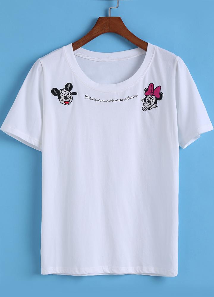Romwe White Short Sleeve Mickey Embroidered T-shirt