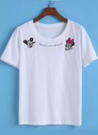 Romwe White Short Sleeve Mickey Embroidered T-shirt