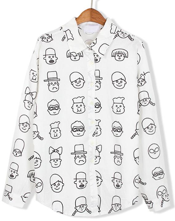 Romwe Cartoon Portrait Print White Blouse