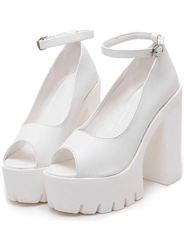 Romwe White Peep-toe High Block Heel Pumps