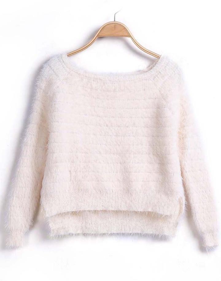 Romwe Apricot Round Neck Dipped Hem Loose Sweater