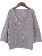 Romwe V Neck Bead Grey Sweater