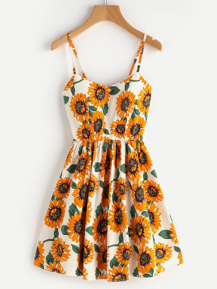 Romwe Sunflower Print Random Lace Up Back A Line Cami Dress