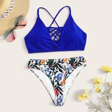 Romwe Lattice Top With Tropical Bikini Set