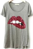 Romwe With Sequined Lip Pattern T-shirt