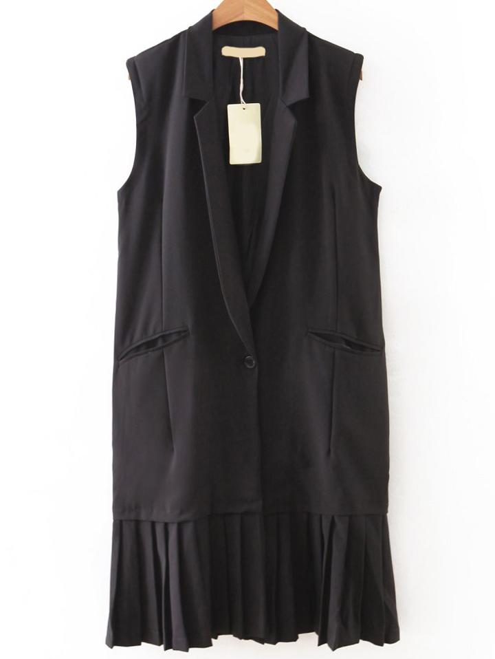 Romwe Black Single Button Pleated Hem Vest