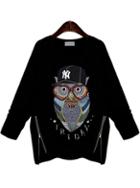 Romwe Owl Print Zipper Loose Black Sweatshirt