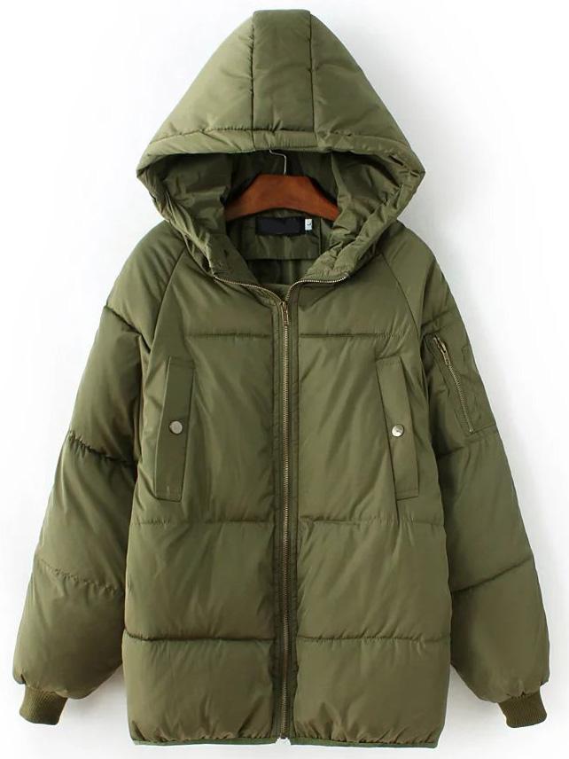Romwe Army Green Zipper Hooded Padded Coat