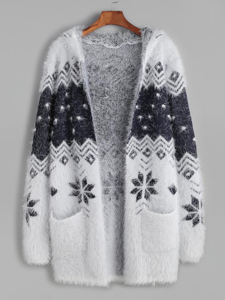 Romwe Color Block Snowflake Pattern Fuzzy Hooded Sweater Coat
