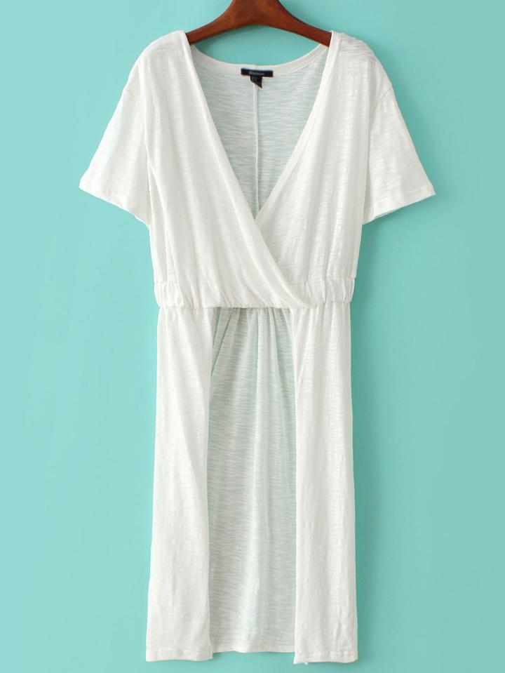 Romwe White Deep V Neck Split T-shirt