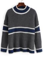 Romwe Mock Neck Striped Loose Sweater