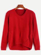 Romwe Red High Low Ribbed Knit Sweater