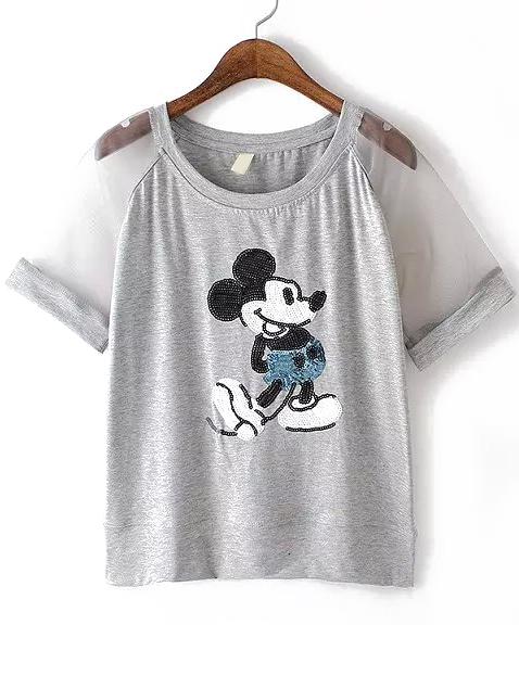 Romwe Contrast Organza Sequined Mickey Pattern T-shirt