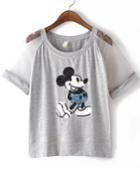 Romwe Contrast Organza Sequined Mickey Pattern T-shirt