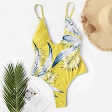 Romwe Random Leaf Print Low Back One Piece Swim