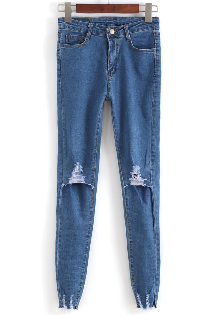 Romwe Ripped Split Denim Slim Pant