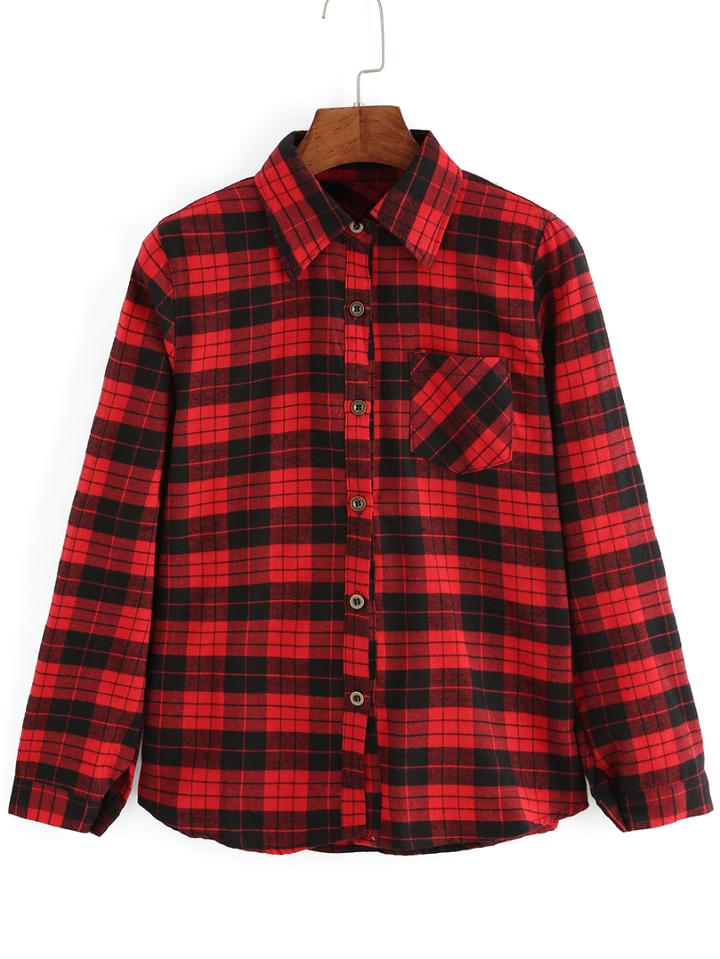 Romwe Plaid Red Blouse With Pocket
